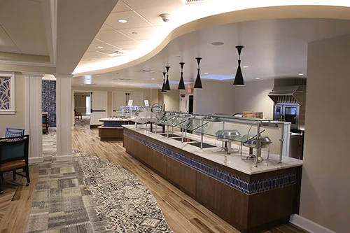 Modern dining room with buffet tables.