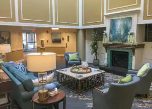 Wide shot of atrium with couches and chairs