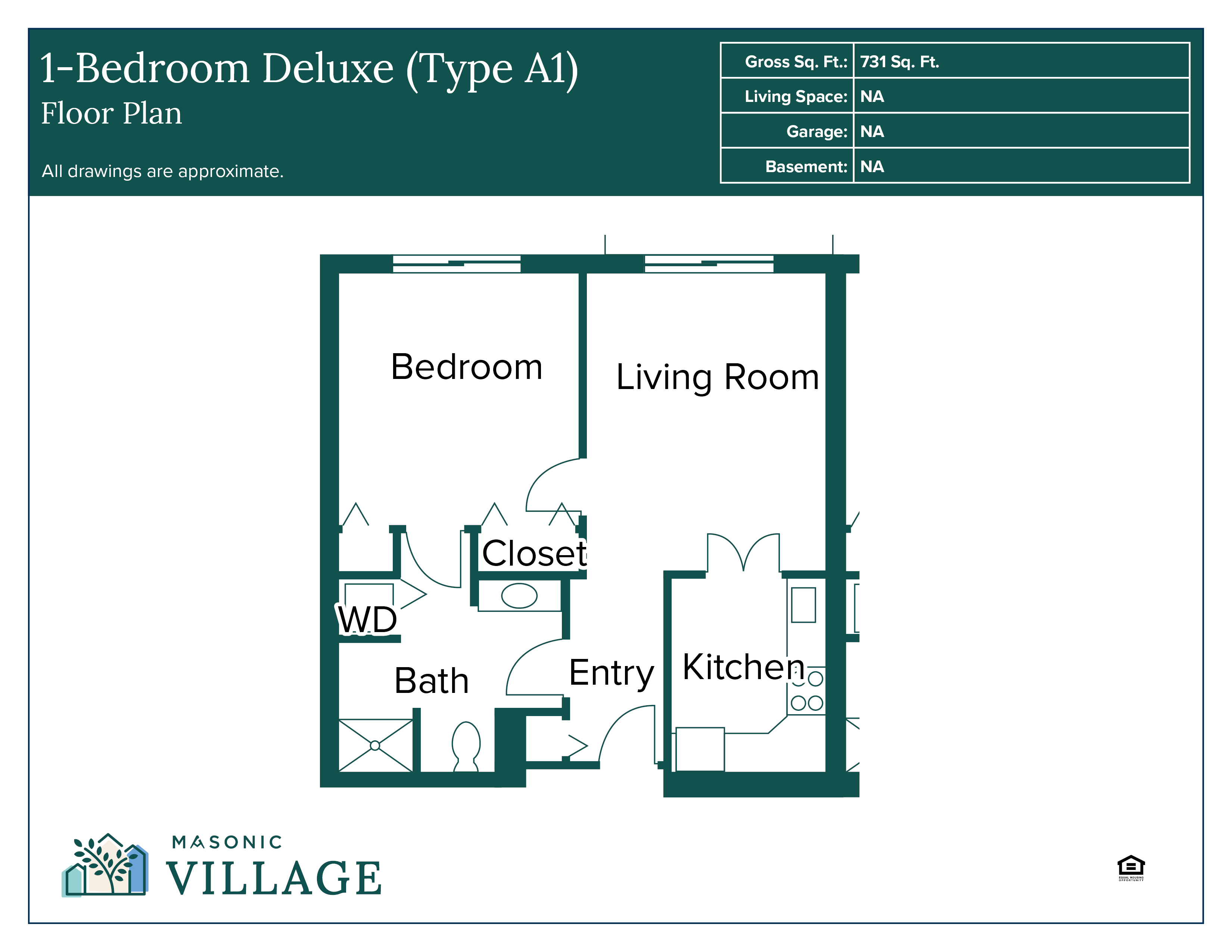 1-Bedroom floorplan with a bathroom, living area and kitchen.