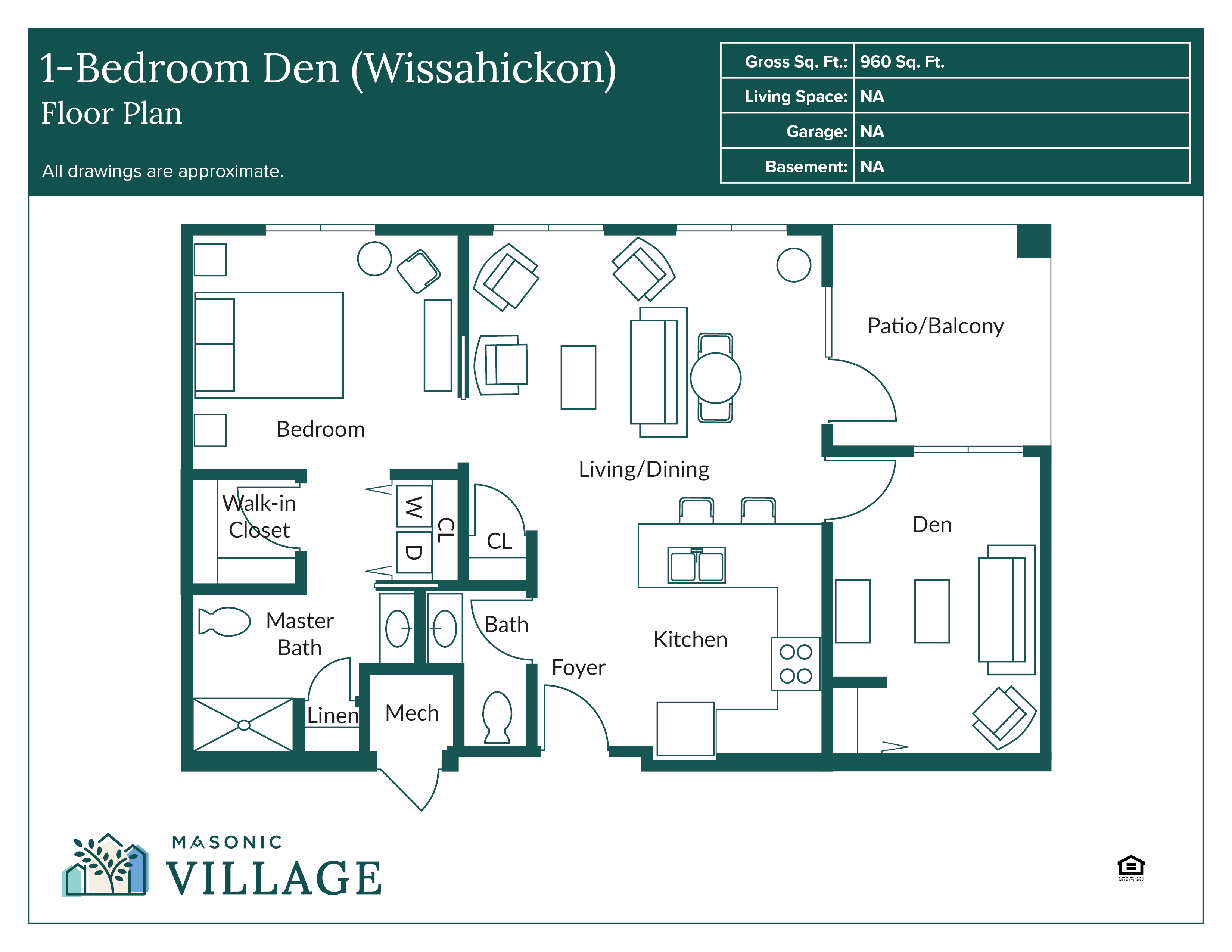 1-Bedroom floorplan with two bathrooms, living and dining area, kitchen, den and patio or balcony.