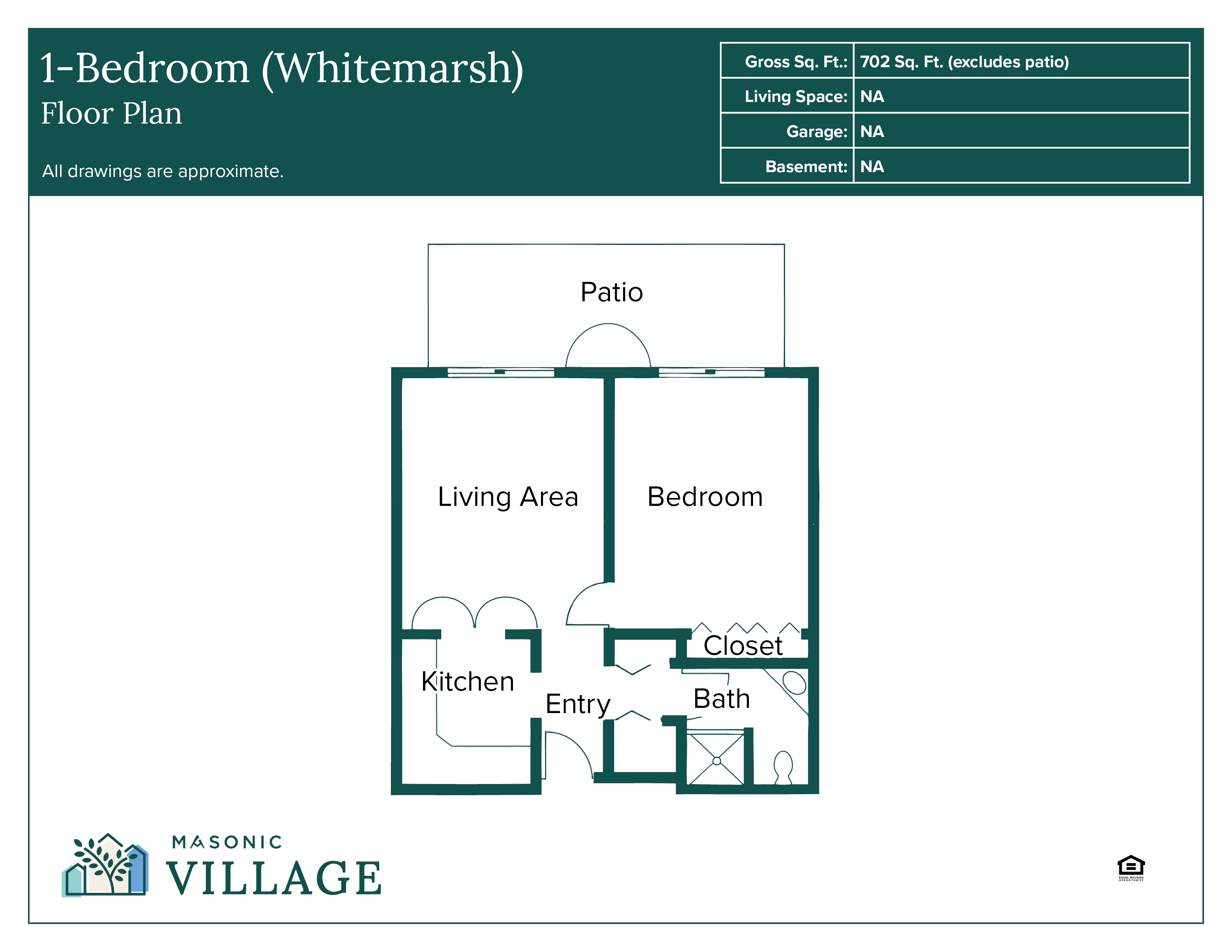 1-Bedroom floorplan with bedroom, a bathroom, living area, kitchen and patio.