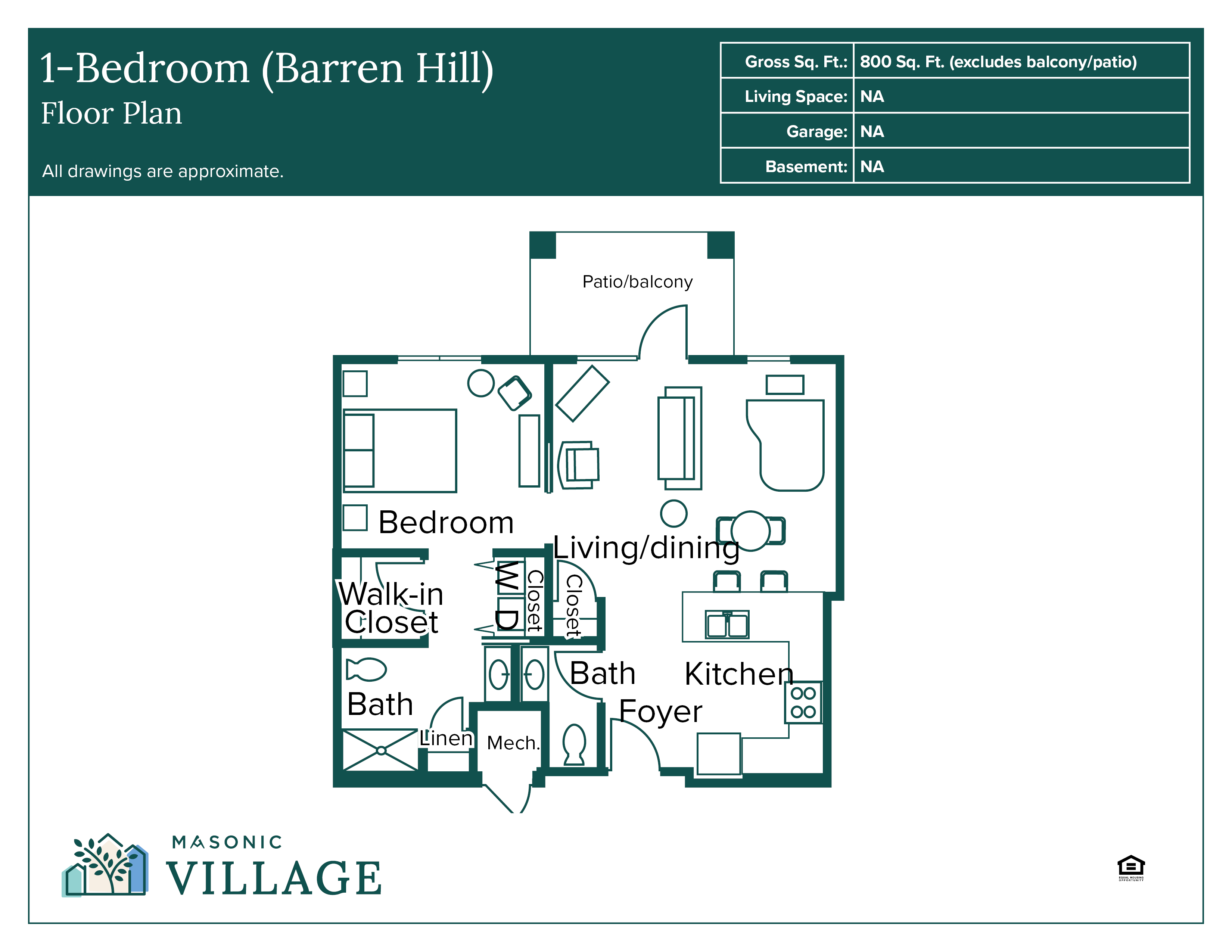 1-Bedroom floorplan with two bathrooms, living and dining area, kitchen and patio or balcony.