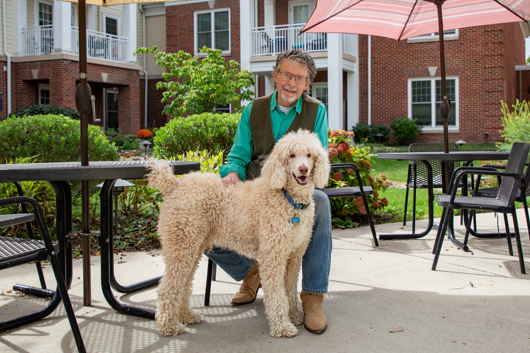 man and his dog outdoors by picnic table